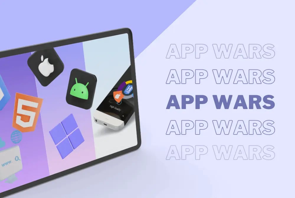 APP WARS: PWA, Hybrid and Native apps compete on a digital tablet.